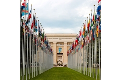 Image UN headquaters with country flags.